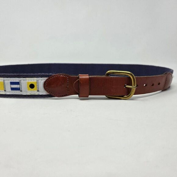 LEATHER MAN LTD. BROWN BELT NAUTICAL FLAGS BRASS BUCKLE HAND MADE SIZE 34 - Picture 1 of 6